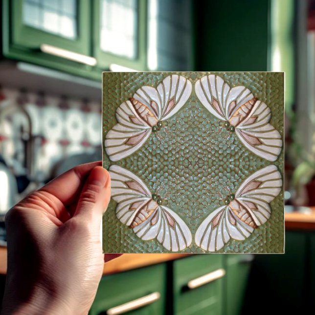  Decorative Ceramic Moth tile (Green and white moth tile. Four moths form a wreath design on this unusual original ceramic tile.)