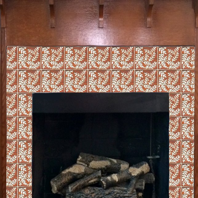 Decorative Ceramic tile, rust & white leaves Ceramic Tile (Rust and white tile shown on a craftsman fireplace.)