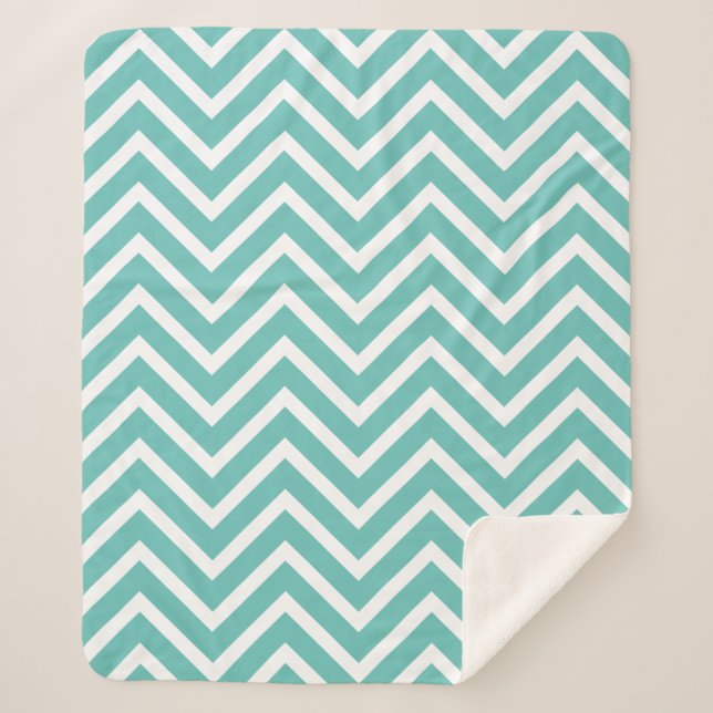 Decorative Chevron Pattern Light Teal And White Sherpa Blanket (Front)