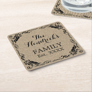 Decorative Chic Beige Brown Faux Jute Texture Square Paper Coaster