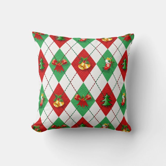 Decorative Christmas argyle green red fabric Cushion (Front)