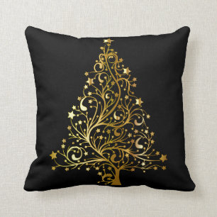 Decorative Christmas Gold Glitter Tree Black Cushion
