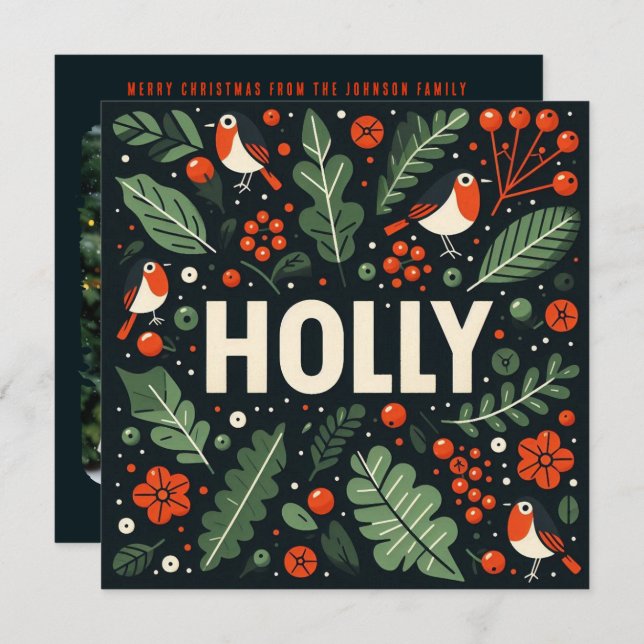 Decorative Christmas holly berries and robins Holiday Card (Front/Back)