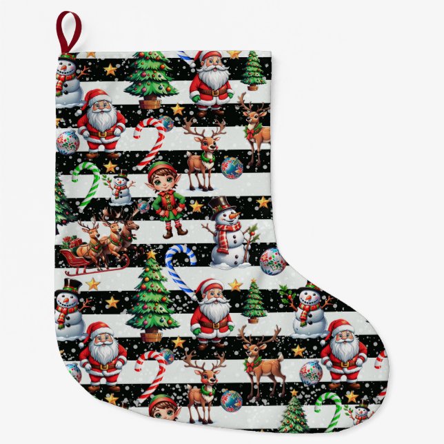 Decorative Christmas Stripes Pattern Design Large Christmas Stocking (Front)
