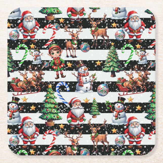 Decorative Christmas Stripes Pattern Design Square Paper Coaster (Front)