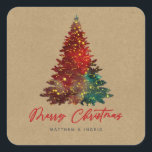 Decorative Christmas Tree Merry Christmas Square Sticker<br><div class="desc">Beautiful decorated lit Christmas Tree with Merry Christmas calligraphy script against kraft effect paper.  Customise with name and year.  Happy Holidays!</div>