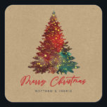 Decorative Christmas Tree Merry Christmas Square Sticker<br><div class="desc">Beautiful decorated lit Christmas Tree with Merry Christmas calligraphy script against kraft effect paper.  Customise with name and year.  Happy Holidays!</div>