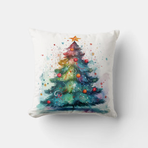 Decorative Christmas Watercolor Tree Black Cushion