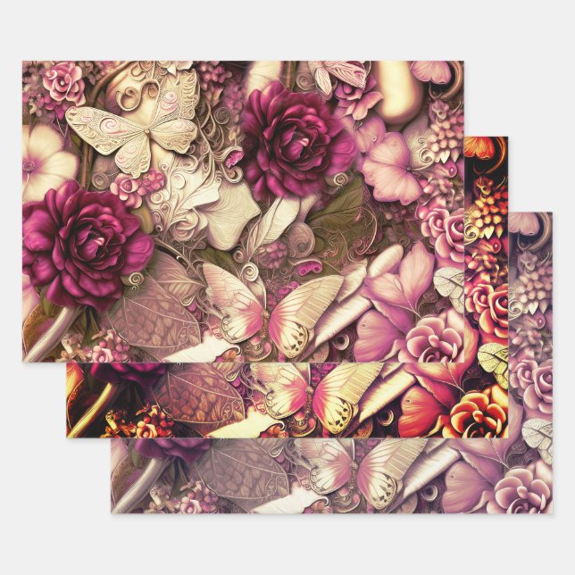 Decorative Collage Butterflies And Roses  Wrapping Paper Sheet (Set)