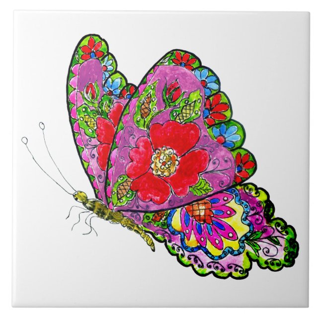 Decorative colourful floral butterfly ceramic tile (Front)