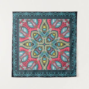 Decorative colourful ornament on a black backgroun tapestry