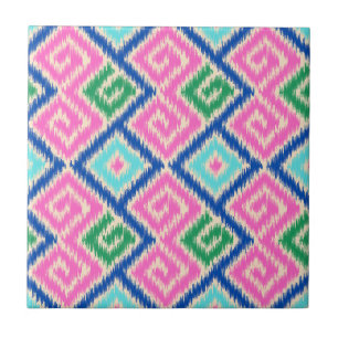 Decorative colourful Pretty Mexican ikat Pink Blue Ceramic Tile
