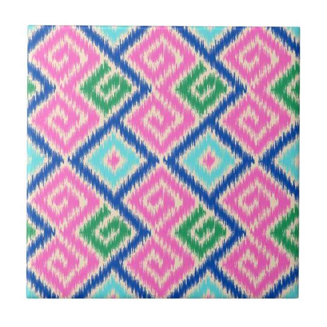 Decorative colourful Pretty Mexican ikat Pink Blue Ceramic Tile (Front)