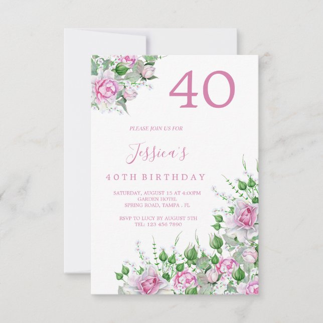 Decorative Corner Pink Roses Birthday Party Invitation (Front)