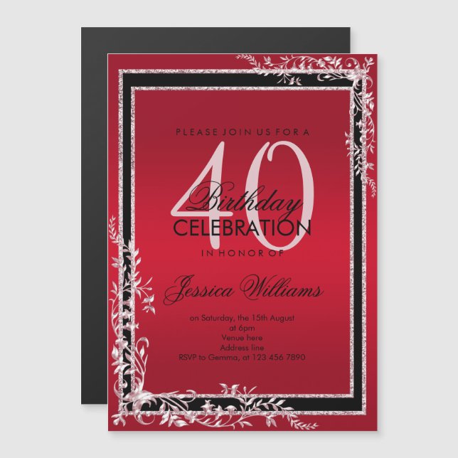 Decorative Corners Ruby & Black Birthday Magnetic Invitation (Front/Back)