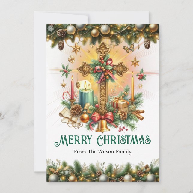 Decorative Cross with Gold and Greenery, Christmas Holiday Card (Front)