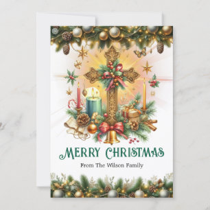 Decorative Cross with Gold and Greenery, Christmas Holiday Card