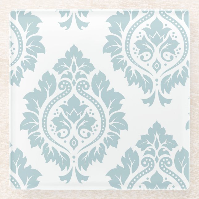 Decorative Damask Art I Duck Egg Blue on White Glass Coaster (Front)