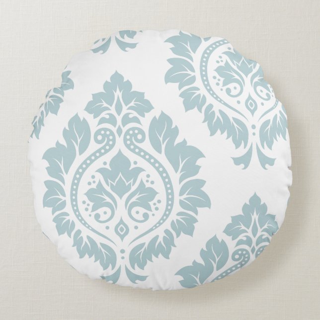 Decorative Damask Art I Duck Egg Blue on White Round Cushion (Front)