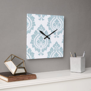 Decorative Damask Art I Duck Egg Blue on White Square Wall Clock