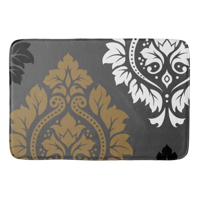 Decorative Damask Art I Gold Black White on Grey Bath Mat (Front)