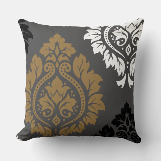 Decorative Damask Art I Gold Black White on Grey Cushion (Front)