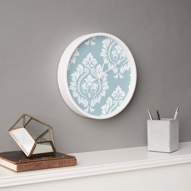 Decorative Damask Art I White on Duck Egg Blue Clock (Office)
