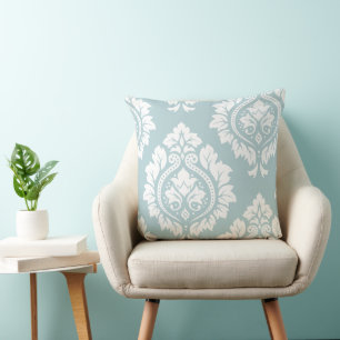 Decorative Damask Art I White on Duck Egg Blue Cushion