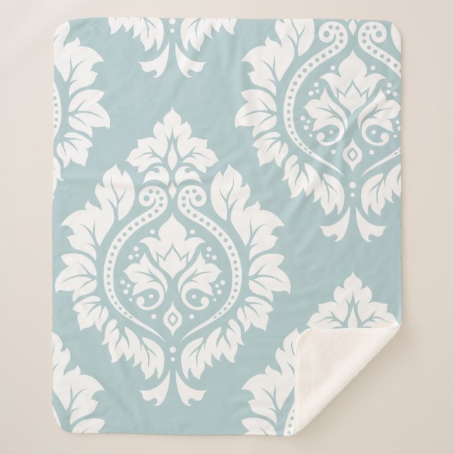 Decorative Damask Art I White on Duck Egg Blue Sherpa Blanket (Front)