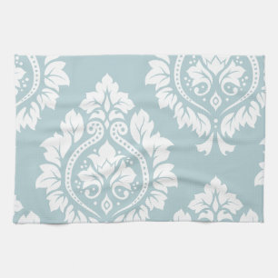 Decorative Damask Art I White on Duck Egg Blue Tea Towel