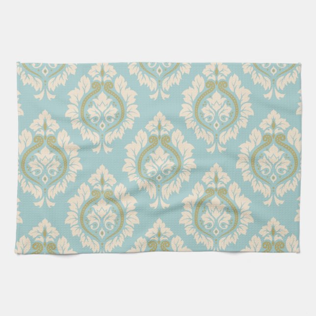 Decorative Damask Pattern – Cream & Gold on Blue Tea Towel (Horizontal)