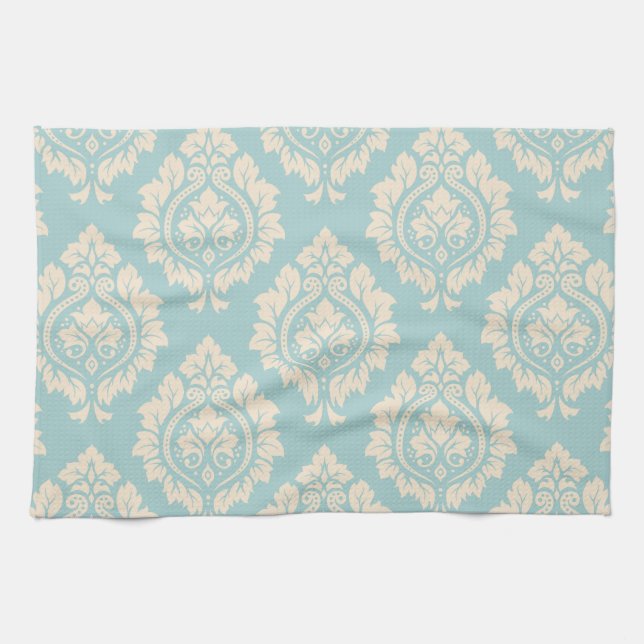 Decorative Damask Pattern – Cream on Blue Tea Towel (Horizontal)