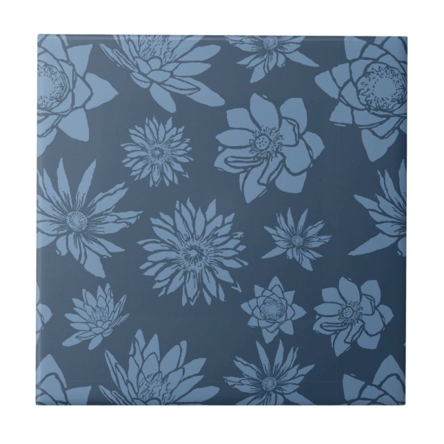 Decorative Dark Blue Floral Pattern Ceramic Tile (Front)