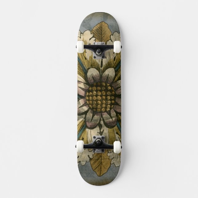 Decorative Demask Rosette on Grey Background Skateboard (Front)