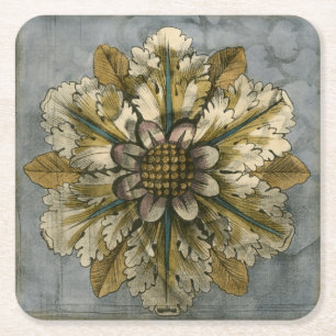 Decorative Demask Rosette on Grey Background Square Paper Coaster