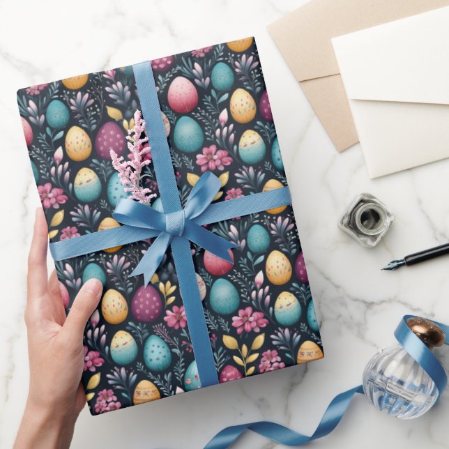 Decorative Easter Eggs Dark Floral Pattern Wrapping Paper (Gifting)