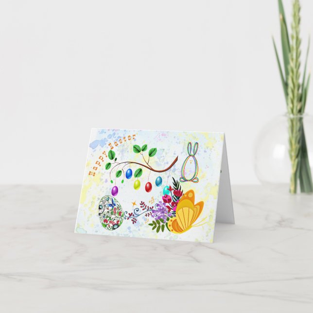 Decorative Eggs Easter Bunny Floral Butterfly Cute Holiday Card (Front)