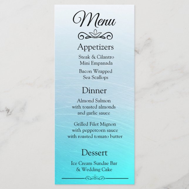 Decorative Elegant Aqua Blue Wedding Menu Card (Front)