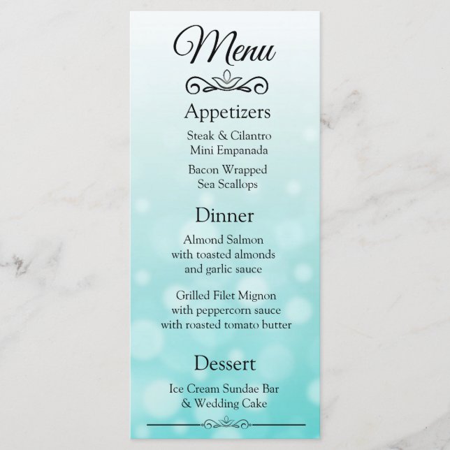 Decorative Elegant Teal Bokeh Wedding Menu Card (Front)