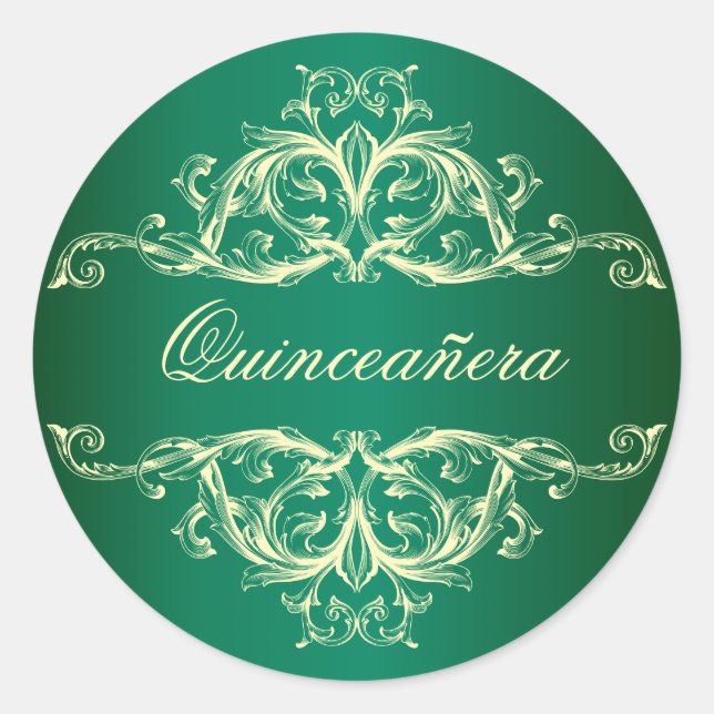 Decorative Emerald Green Quinceanera Classic Round Sticker (Front)