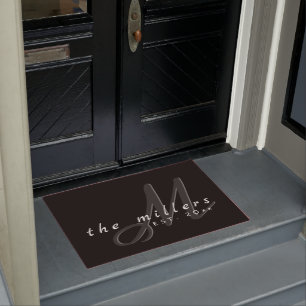 Decorative Family Name & Monogram Script   Black Doormat