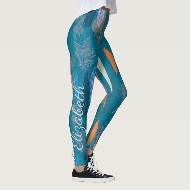 Decorative Feather Design in Blue Personalised Leggings (Right)