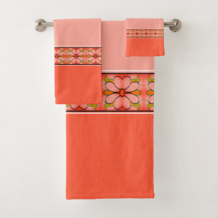 Decorative Floral Accent Design in Coral Bath Towel Set
