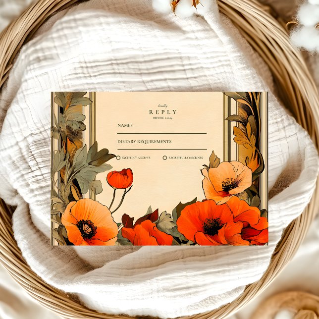 Decorative Floral Art Nouveau Poppy Wedding RSVP Card (Creator Uploaded)