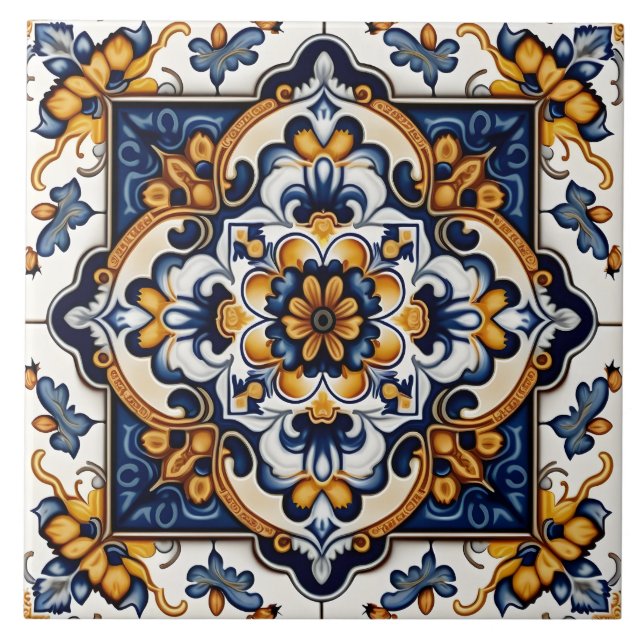 Decorative Floral Botanical Mediterranean Spanish Ceramic Tile (Front)