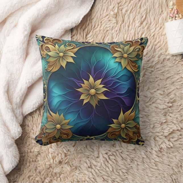 Decorative Floral Design With Turquoise Background Cushion (Blanket)