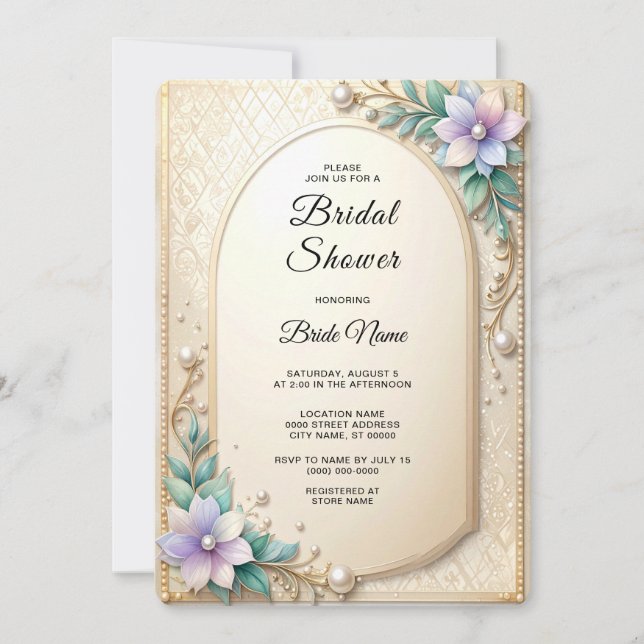 Decorative Floral Frame with Pearls Bridal Shower Invitation (Front)