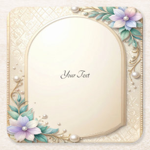 Decorative Floral Frame with Pearls Paper Coaster