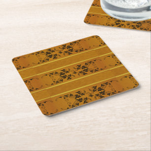 Decorative floral gold stripe border brown square paper coaster