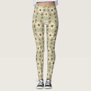 Decorative Floral in White and Beige Leggings